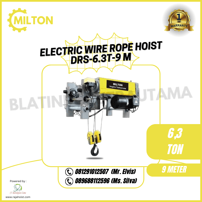 Milton Single Girder Low Headroom Wire Rope Hoist 6.3 Ton 9 Meter