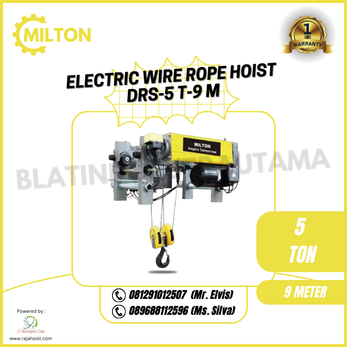 Milton Electric Wire Rope Hoist 5 Ton 9 Meter